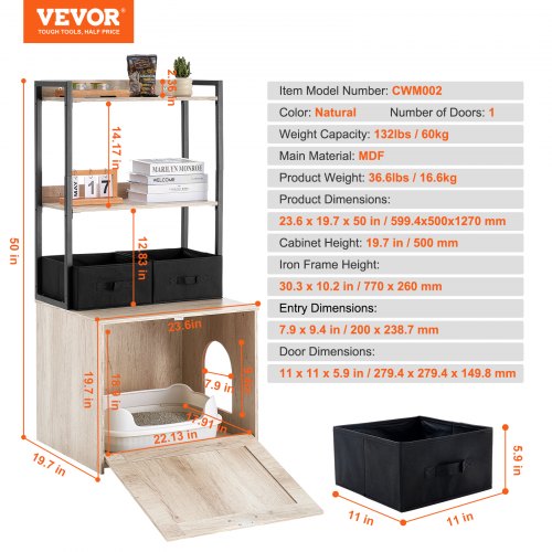 Cat Litter Box Enclosure Hidden Litter Box Furniture with 2 Storage Shelves