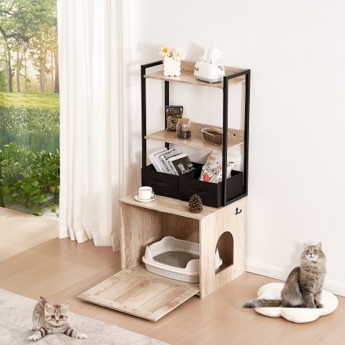 Cat Litter Box Enclosure Hidden Litter Box Furniture with 2 Storage Shelves