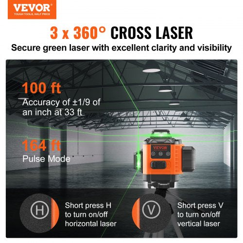 100ft Self Leveling Laser Level Manual Green 3 x 360° Cross Line Laser