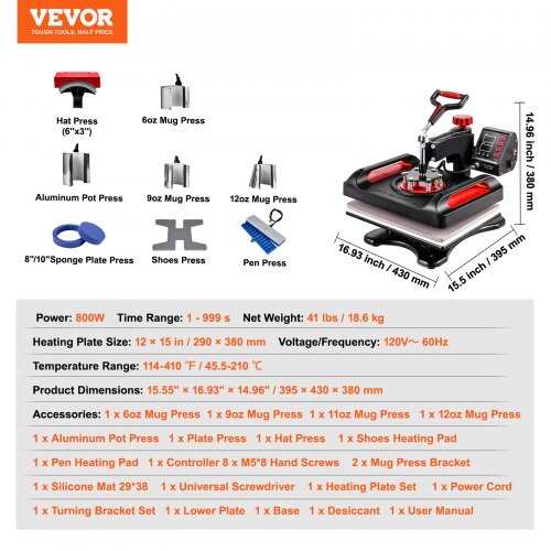 11 in 1 Heat Press 12 x 15 Inch Multifunctional Clamshell Printer Digital