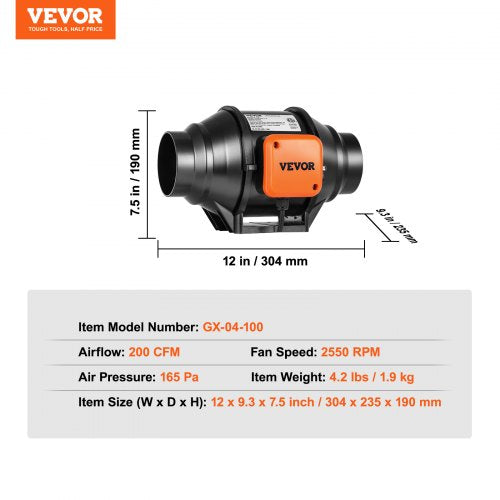 Inline Duct Fan 4Inch 200 CFM with Variable Speed Controller Quiet