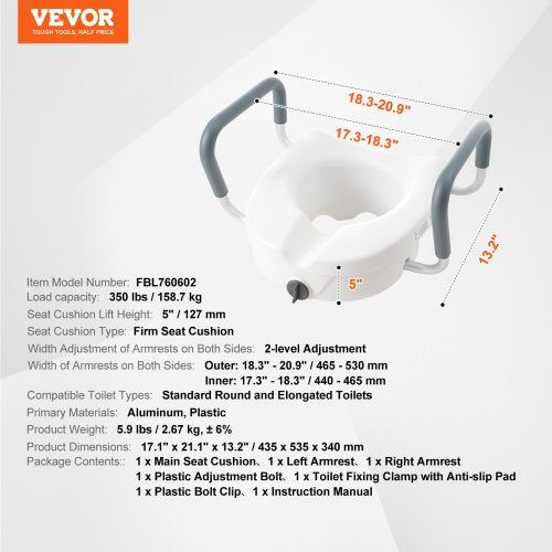 Raised Toilet Seat 5 Height Raised 350 lbs Weight Capacity for Round