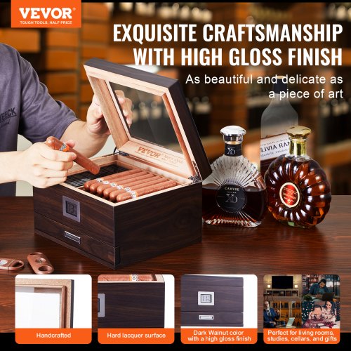 50 Cigar Humidor Glasstop Cedar Cigar Box Humidifier Hygrometer Drawer 