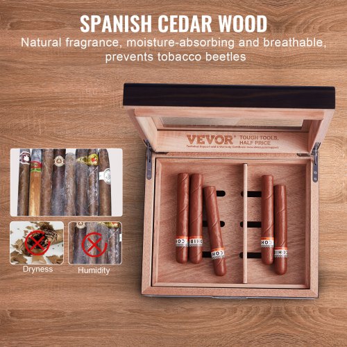50 Cigar Humidor Glasstop Cedar Cigar Box Humidifier Hygrometer Drawer 