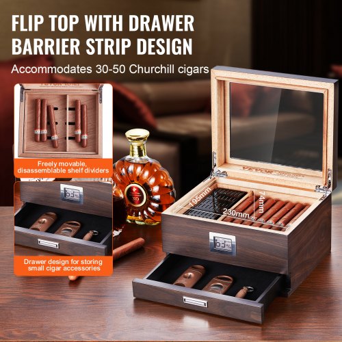 50 Cigar Humidor Glasstop Cedar Cigar Box Humidifier Hygrometer Drawer 