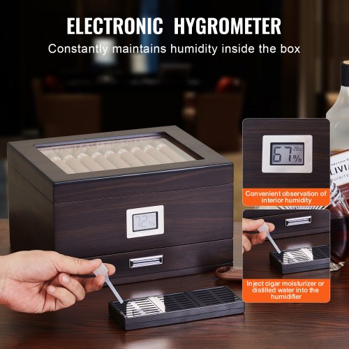 50 Cigar Humidor Glasstop Cedar Cigar Box Humidifier Hygrometer Drawer 
