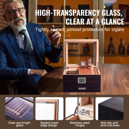 50 Cigar Humidor Glasstop Cedar Cigar Box Humidifier Hygrometer Drawer 