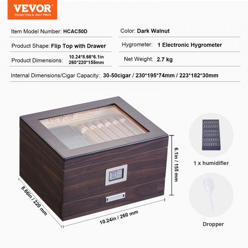 50 Cigar Humidor Glasstop Cedar Cigar Box Humidifier Hygrometer Drawer 