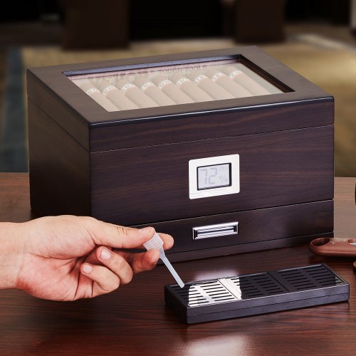 50 Cigar Humidor Glasstop Cedar Cigar Box Humidifier Hygrometer Drawer 