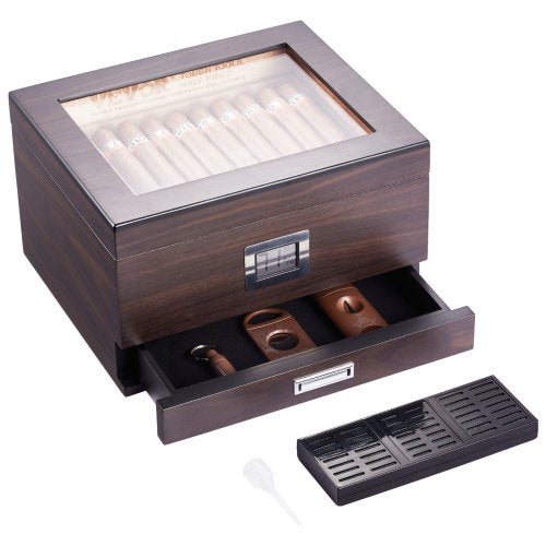 50 Cigar Humidor Glasstop Cedar Cigar Box Humidifier Hygrometer Drawer 