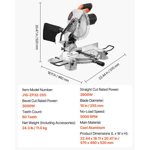 Compound Miter Saw 10Inch Blade 15 Amp Motor 60Tooth Corded Single