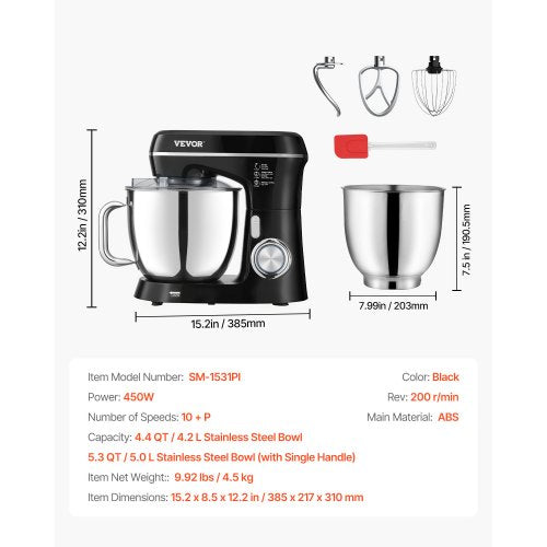 Stand Mixer 5.3QT 4.4QT Two Stainless Steel Bowls 10P Speeds Tilthead