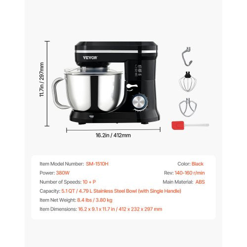 Stand Mixer 5QT Dough Mixer 10P Speeds Tilthead Food Mixer Kitchen