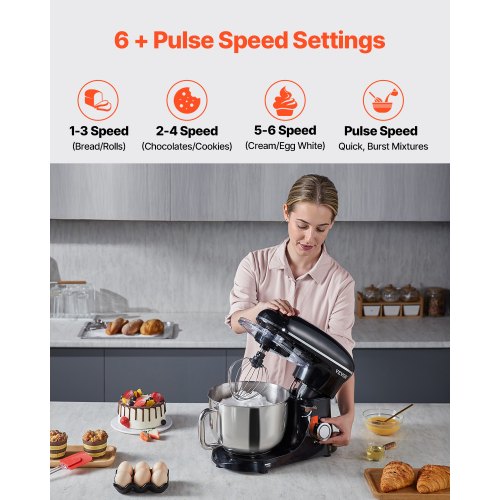 Stand Mixer 6 QT Dough Mixer 660W 6 P Speeds Tilthead Food Mixer with Stainless