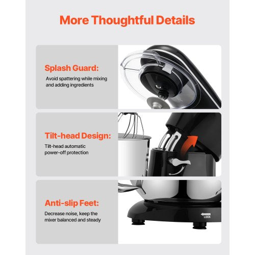 Stand Mixer 6 QT Dough Mixer 660W 6 P Speeds Tilthead Food Mixer with Stainless