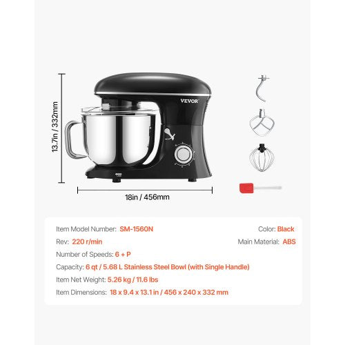 Stand Mixer 6 QT Dough Mixer 660W 6 P Speeds Tilthead Food Mixer with Stainless