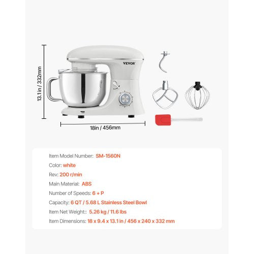 Stand Mixer 6 QT Dough Mixer 660W 6 P Speeds Tilthead Food Mixer with Stainless 1
