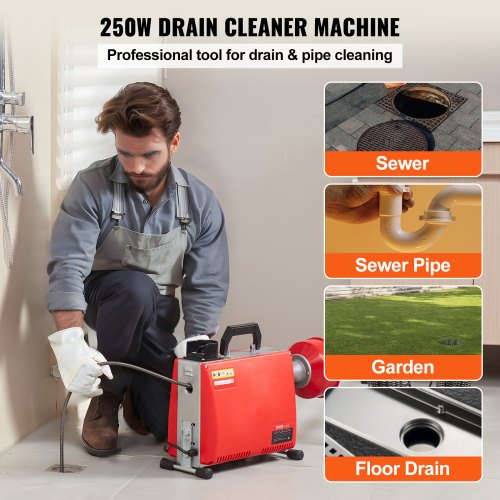 66FT x 58 Inch Drain Cleaner Machine 250W Electric Sewer Snake Auger