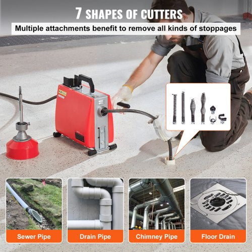 66FT x 58 Inch Drain Cleaner Machine 250W Electric Sewer Snake Auger