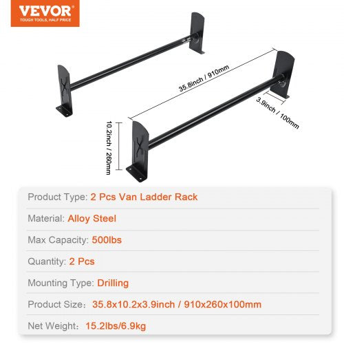 Van Roof Ladder Rack 2 Bars Alloy Steel Roof Racks 500 LBS Capacity Roof