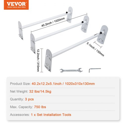 Van Roof Ladder Rack 3 Bars Alloy Steel Roof Racks 750 LBS Capacity