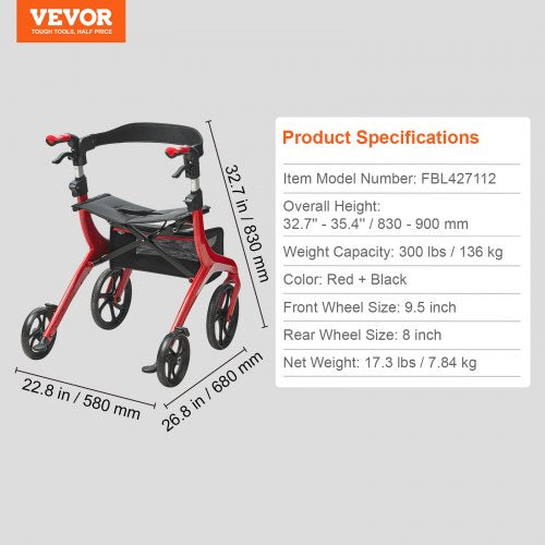 Folding Rollator Walker for Seniors and Adults Lightweight Aluminum Rolling