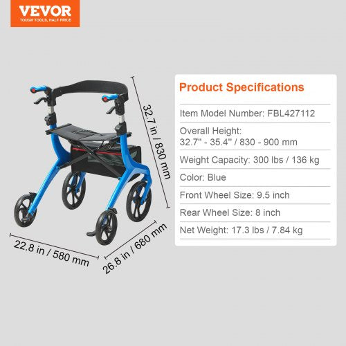 Folding Rollator Walker for Seniors and Adults Lightweight Aluminum Rolling
