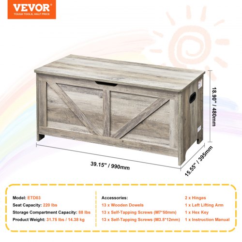 Wooden Toy Chest for Kids Toddler Toy Storage Box with FlipTop Lid and Safety
