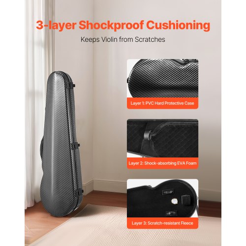 44 Full Size Violin Case Builtin Hygrometer Lightweight Portable Travel