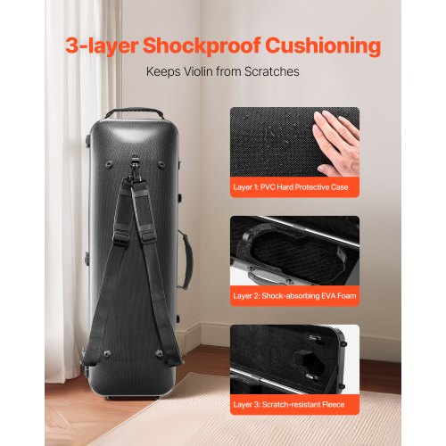 44 Full Size Violin Case Builtin Hygrometer Lightweight Portable Travel