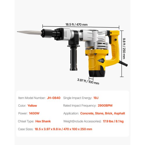 Demolition Jack Hammer 1400W Electric Jackhammer Heavy Duty 2900 BPM Jack