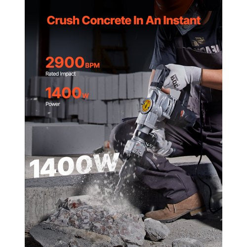 Demolition Jack Hammer 1400W Electric Jackhammer Heavy Duty 2pcs Chisels