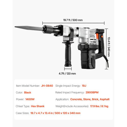 Demolition Jack Hammer 1400W Electric Jackhammer Heavy Duty 2pcs Chisels
