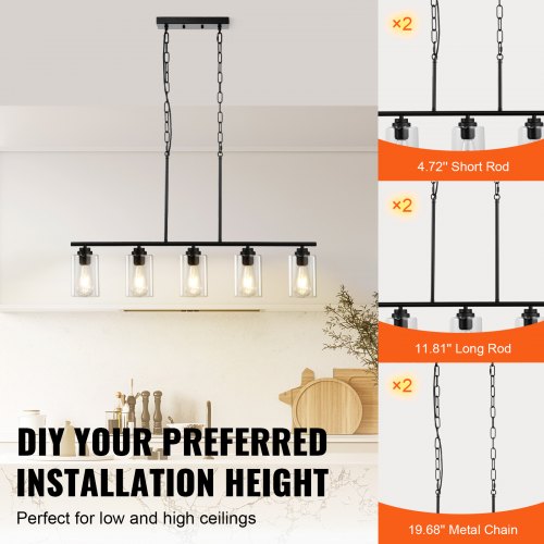 5Light Kitchen Island Pendant Lights 60W Adjustable Dining Room Light