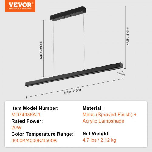 Dimmable Linear Pendant Light 20W 47 in LED Linear Light Fixture
