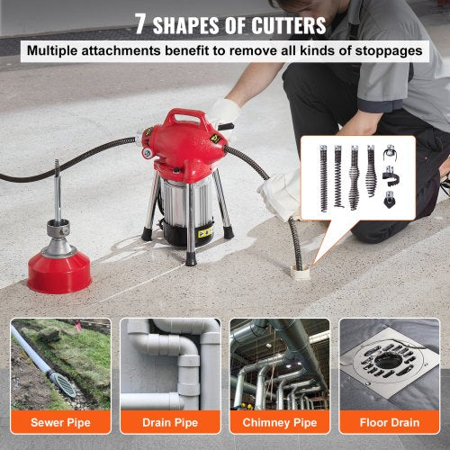 Drain Cleaner Machine 66FT x 58 Inch 250W Electric Sewer Snake Auger