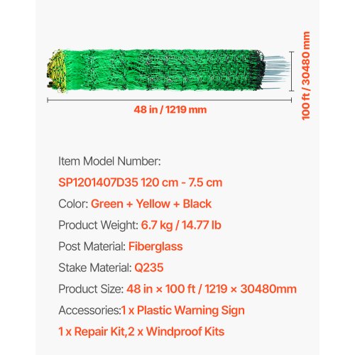 Electric Fence Netting 48 H x 100 L PE Net Fencing Kit with Posts