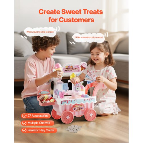 Ice Cream Cart for Kids 27 PCS Accessories Pretend Play Store with Storage