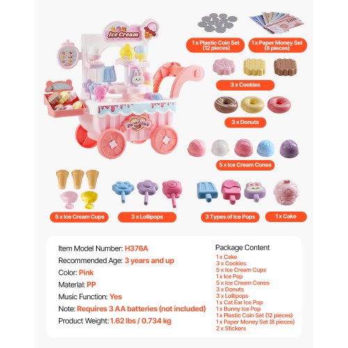 Ice Cream Cart for Kids 27 PCS Accessories Pretend Play Store with Storage