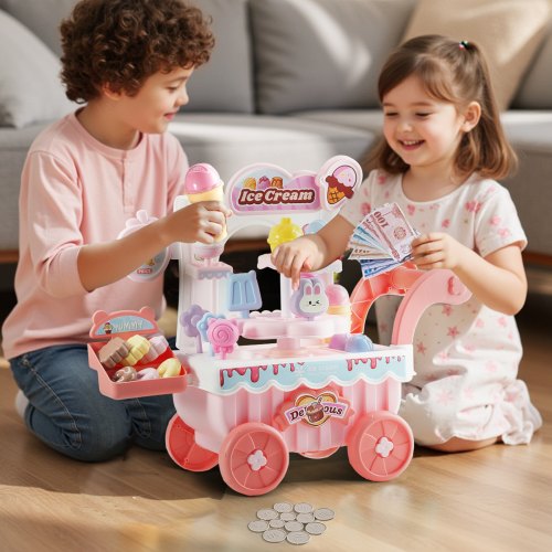 Ice Cream Cart for Kids 27 PCS Accessories Pretend Play Store with Storage
