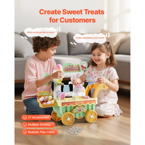 Ice Cream Cart for Kids 27 PCS Accessories Pretend Play Store with Storage