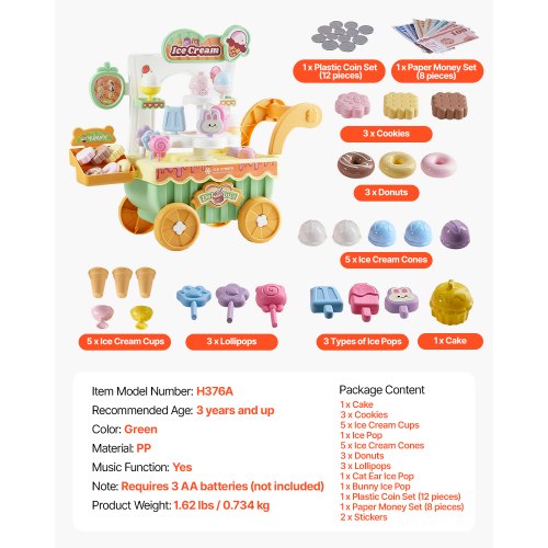 Ice Cream Cart for Kids 27 PCS Accessories Pretend Play Store with Storage