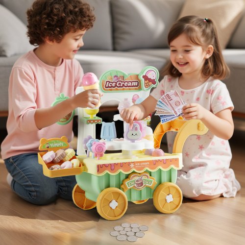 Ice Cream Cart for Kids 27 PCS Accessories Pretend Play Store with Storage