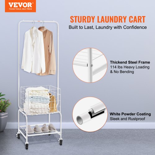 Metal Rolling Laundry Basket with Hanging Garment Rack Height Adjustment