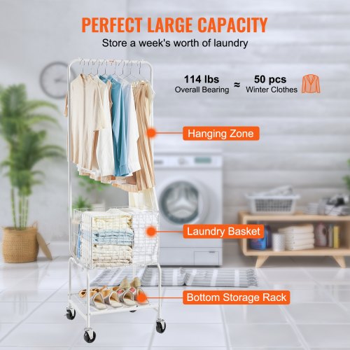 Metal Rolling Laundry Basket with Hanging Garment Rack Height Adjustment