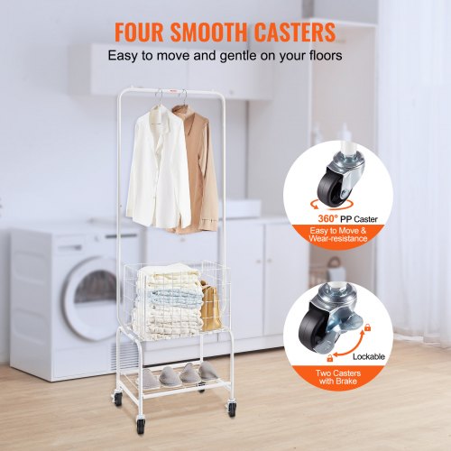 Metal Rolling Laundry Basket with Hanging Garment Rack Height Adjustment