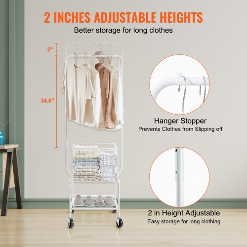 Metal Rolling Laundry Basket with Hanging Garment Rack Height Adjustment