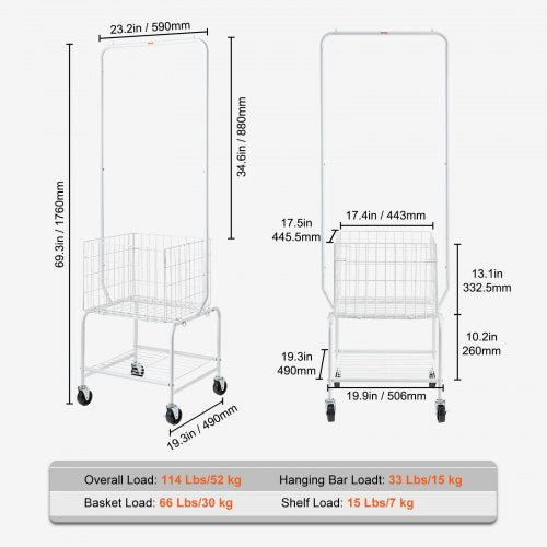 Metal Rolling Laundry Basket with Hanging Garment Rack Height Adjustment
