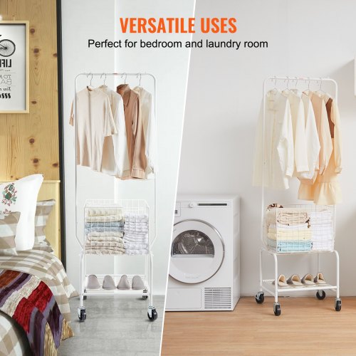 Metal Rolling Laundry Basket with Hanging Garment Rack Height Adjustment