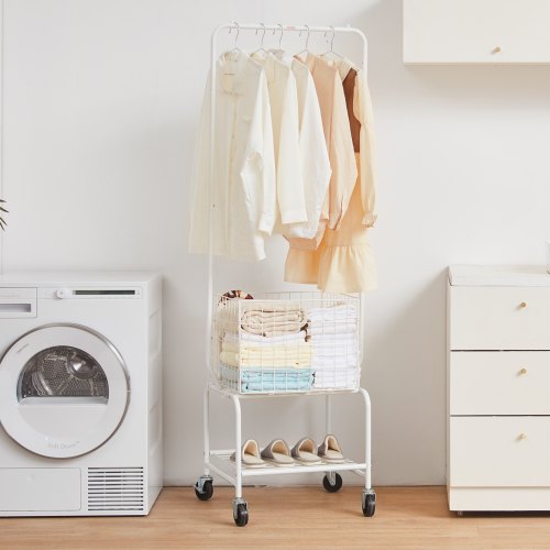 Metal Rolling Laundry Basket with Hanging Garment Rack Height Adjustment